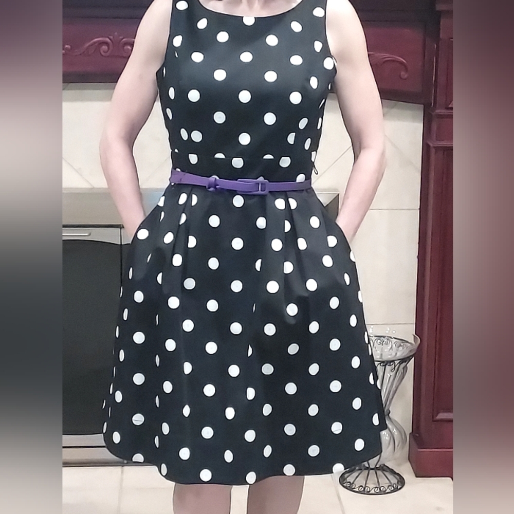 Polka Dot Black Dress with Purple Belt - Picture 8 of 12